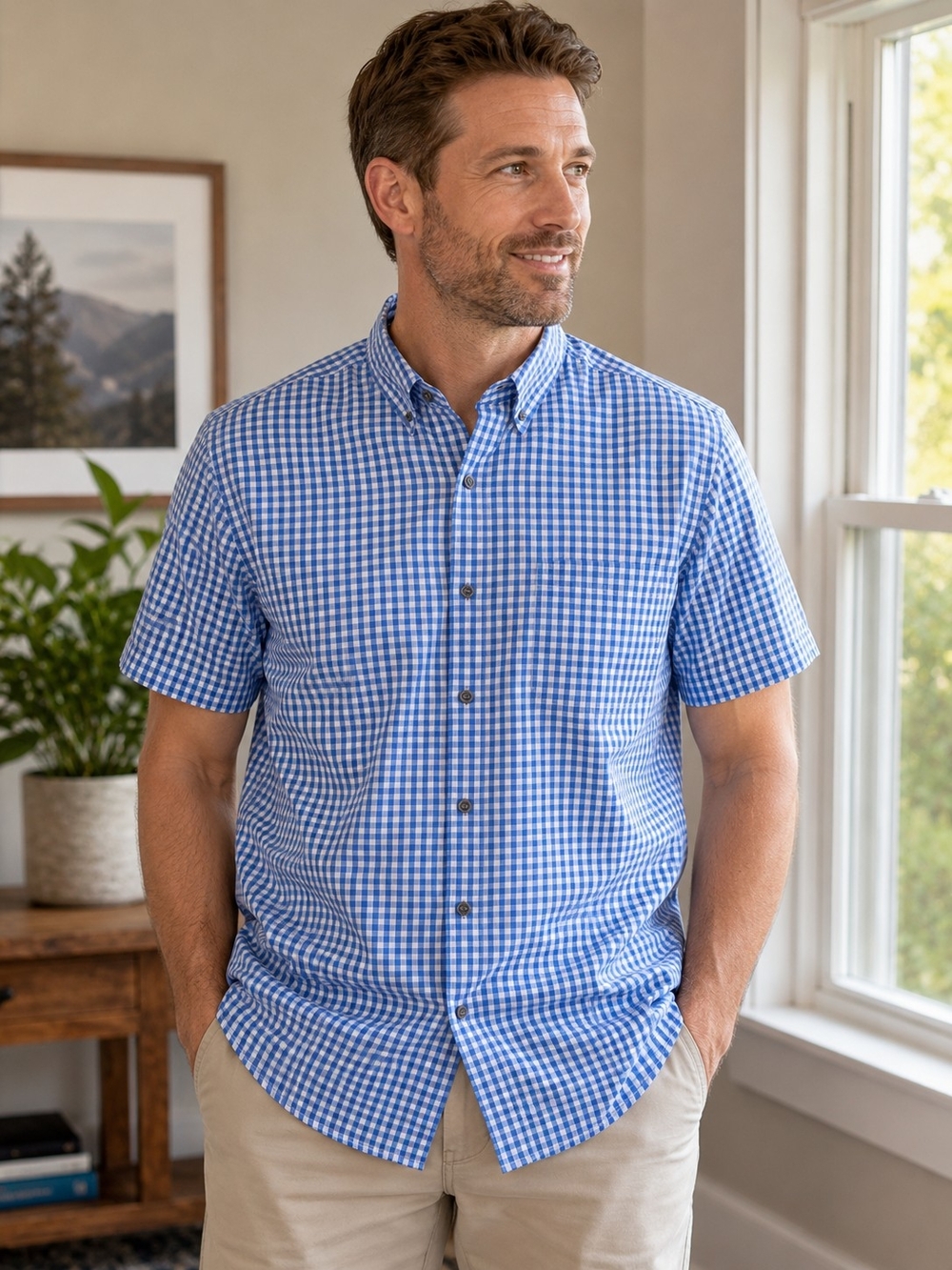 Eddie Bauer XL Blue White Gingham Button Front Shirt Short Sleeve Classic Fit